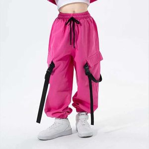 Byxor Rose Red Cargo Pants for Teenage Kids New Fashion Spring Summer Streetwear Hip Hop Sweatants for Girls 4 6 8 10 12 13 14 Years Y240527