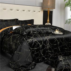 Bedding Sets 4/6Pcs Luxury Satin Black/Golden Duvet Cover Bed Sheet Set Silky Soft Chic Marble Jacquard Wrinkle Free Super King