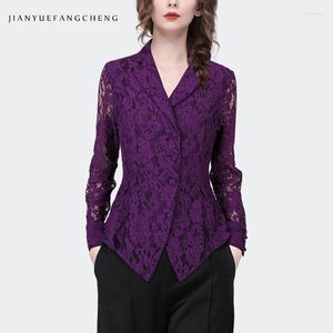 Women's Blouses Fashion Lapel Collar Hollow Out Purple Lace Top Womens 2024 Spring Summer Elegant Slim Button-down Shirt Office