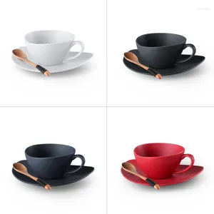 カップソーサー200 ml純粋な色のセラミックコーヒーカップとソーサー磁器茶セットエスプレッソラテ木製スプーンパーティードリンクウェア