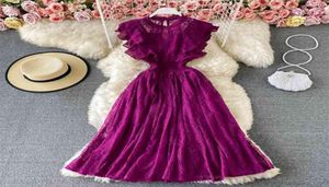 Vintage PurpleGreenred Lace Midi klänning kvinnor söt rund nacke ruffle vestidos kvinnlig hög midja smal mantel våren hösten 2103234063852