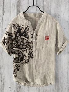 Men's Casual Shirts Summer Plum Blossom Sunrise Japanese-style Shirt Mens Short Sleeve Band Collar Henley Tops