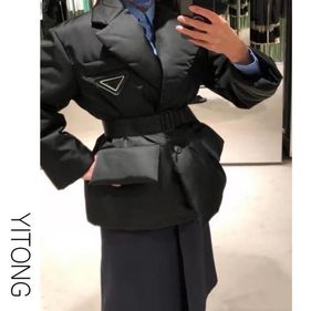 2020 winter new suit collar black short and coat with belt waist long sleeve down padded jacket women9121340