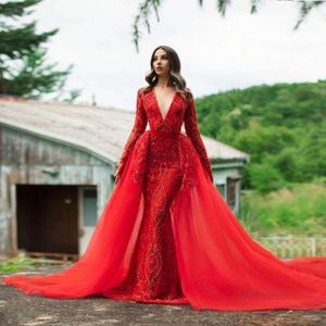 Red Detachable Train Evening Dresses Deep V Neck Lace Long Sleeves Appliques Beads Prom Gowns Saudi Arabia Robe De Soiree 0530