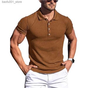 Polos męski Nowe letnie polo mężczyzn solidne paski fitness elastyczność krótkie koszule polo dla mężczyzn stojak mody kołnierzy męskie koszule Q240530