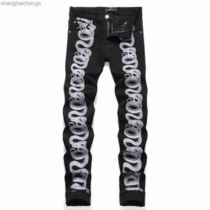 Лучшие джинсы Amirirs Designer для мужчин Стильный новый бренд Slim Fit Elastic Black Printed Сложные мужские