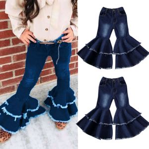 2-7Years Kids Girls Solid Blue Ruffle Denim Wide Leg Flare Trousers For Girl Pants Jeans With Pockets L2405