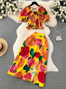 Summer Bohemian Women Floral Two Piece Set Elegant Square Collar Short Puff Sleeve Tops High Waist Skirt Beach Vacation Suit 240518