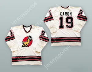 カスタム1974-75 WHA ALAIN CARON 19ミシガンスタッグホワイトホッケージャージートップステッチS-M-L-XL-XXL-3XL-4XL-5XL-6XL