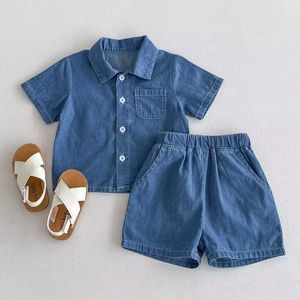 Clothing Sets Baby and toddler summer Korean version denim thin cardigan short sleeved shorts suit suitable for ages 0-4 2-piece set H240530 X1OL