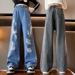 Teenager -Mädchen zerrissen Jeans 2024 Frühlings Sommer Freizeit Kinder Baggy Wide Bein Long Hosen Kinder Hip Hop Denim Hosen 12 13 14 15 F4053