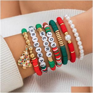 Beaded Christmas Stretch Armband Set Surfer Heishi Stapble Strands Clay Bead With Elastic String Letter Boho Beach Friendship for Dhozm