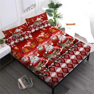 Sängkläder sätter 4st Sheets Set Red Christmas Fitted Sheet Cartoon Santa Claus Print sängkläder Mjuka sängkläder på kudde D35