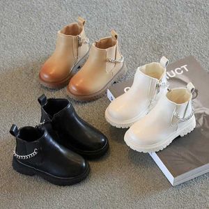 Boots Girls Boots Style British Childrens Leather Boots Autumn and Winter Boys Solid Chain Boots Boots Fashion Childrens Sports Shoes Botas Mujer WX5.29