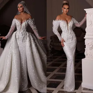Luxury Sequined Pearl Mermaid Wedding Dress Löstagbart tåg från axelbröllopsklänningar Skräddarsydd långärmad äktenskap Brudklänning