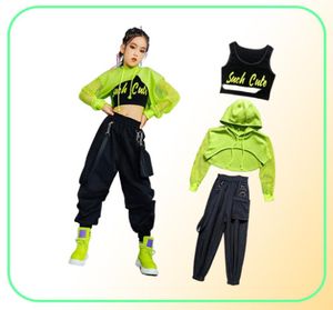 Джазовый костюм хип -хоп девочек -одежда зеленые вершины сетчатой ​​рукав черный хип -хоп брюки для детей.