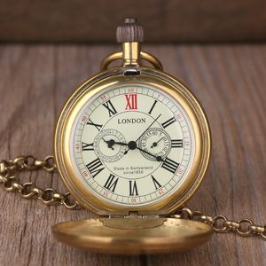 Vintage Retro Copper Watch Men Alloy London Mechanical Pocket Watch With Metal Chain Steampunk Roman 307E