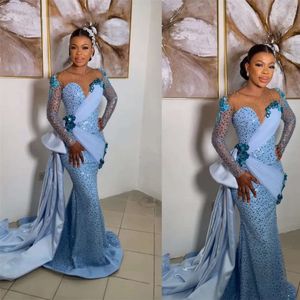 Modest Aso Ebi Style Blue Prom Dresses Lace Appliques Sequined African Formal Ocn Dress Side Train Nigerian Evening Gowns 0530