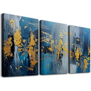 Dipinto astratto di foglie d'oro blu blu navy, dipinto orizzontale lungo su tela, decorazioni per l'arte della parete 12''X16''X3