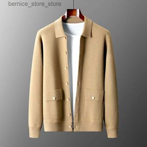 Herrtröjor Nya 2023 Autumn/Winter Cashmere Cardigan Mens Polo Neck tröja Långärmning Stickad Business Casual Wool Sweater Solid Color Q240530