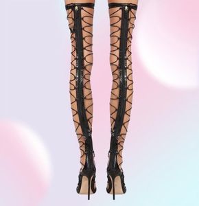 Women Thigh High Heels Summer Boots Sexy Hollow Out Over The Knee Sandals Lace Up Strappy Stiletto Party Show Pumps8173041