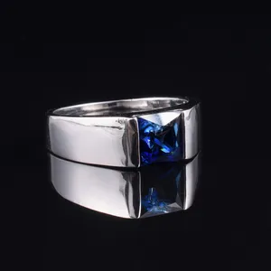 Men's Eternity 925 Sterling Silver Square Natural Blue Sapphire Stone Solitaire Ring Gemstone Jewelry Wedding Engagement rings for Men