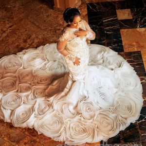 2024 Arabic Aso Ebi Plus Size Luxurious Ivory Mermaid Wedding Dress Lace Beaded Crystals Tiers Bridal Gowns Dresses ZJ064