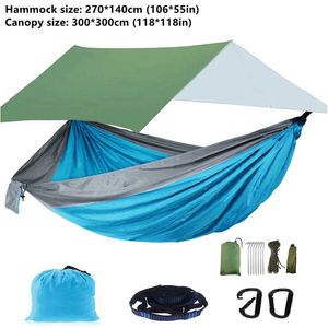 Hängmattor Portable Camping Hammock Tent Turist Travel Outdoor Garden Soving Hanging Swing With Waterproof Tarp Awning Canopy H240530 34L3