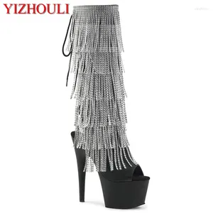 Dance Shoes Sparkly Fringed Middle Boots 17cm High-heeled With Round Head Sexy Pole Dancing On The Nightclub Stage