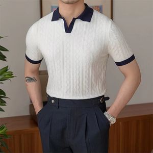 Summer Fashion Men Men Share Relim Slim Polo рубашка винтажная лоскутная вязаная одежда Polos мужская повседневная лацканая пуловер 240530
