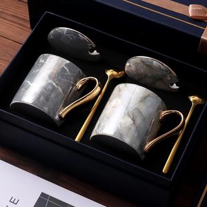 Mugs Marble Ceramic Mug Gold Handle Coffee Cup With Lid Spoon Creative Personality Couples Lead-free Friends Gifts 400ml