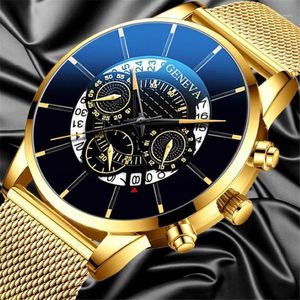 Wristwatches Luxury Men's Fashion Business Calendar Watches Blue Stainless Steel Mesh Belt Analog Quartz Watch Relogio Masculino M 312D