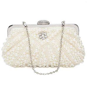 Drawstring Women Pearl Clutch Bags Evening Bag Purse Handbag For Wedding Chain Dinner Party White