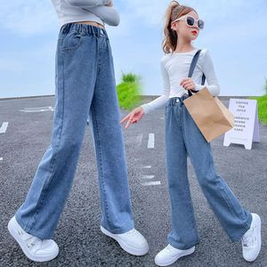 Spring Autumn Casual Jeans For Girls Teenage Solid Elastic Waist Denim Wide Leg Pants Veet Winter Kids Straight Warm Trousers F4531