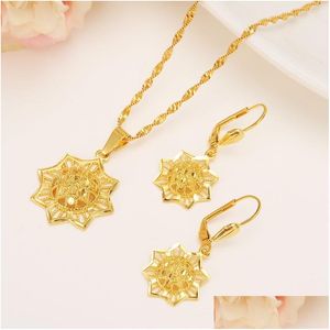 Earrings & Necklace Ethiopian 14K Yellow Solid Fine Gold Gf Filled Set Jewelry Anise Pendant Chain African Bride Wedding Te Dhgarden Dhihv