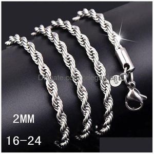 Zincirler 925 Sterling Sier Twist Halat Zinciri Kolye Erkekler 2mm Kadınlar 16 18 20 22 24-30 inç moda mücevher yapımı DIY aksesuarları damla dhhz8