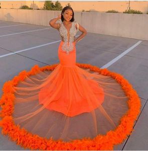 Orange Mermaid Prom Dresses Lace Beads Crystal Feather Formal Evening Dress illusion long sleeve 2022 Sheer Neck African Robes De 3203530