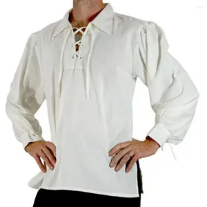メンズカジュアルシャツラペルストラップメンズシャツ中世のルネッサンスレースアップ長袖大人に合うゆるいスリーブ