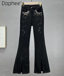 Kvinnors jeans kvinna diamanter svart långa jeanbyxor 2024 vår elastiska hög midja smalmonterade klockbotten denim byxor