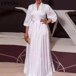 Plus Size Dresses Satin Slik Dress 2022 VONDA Sexy V Neck Long Sleeve Solid Bohemian Vestidos Loose Beach Sundress 5XL OversizePlus 312l