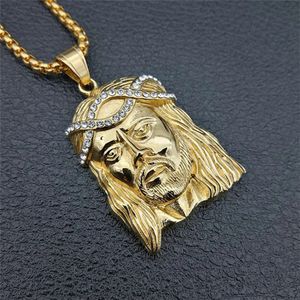 Womens Mens Necklace Jesus Head Piece Pendant With 14K Gold Chain And Iced Out Rhinestones Necklace Hip Hop Jewelry