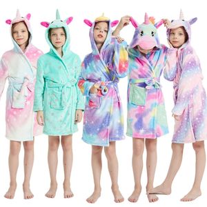 3-14 Years Children Winter Bathrobes Kids Flannel Sleepwear Girls Unicorn Nightgown Toddler Baby Soft Bath Robes Animal Clothing L2405