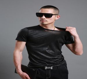 Summer men039s round neck printed top shortsleeved tshirt plaid large size high elastic ice silk sexy breathable hollow botto5006613