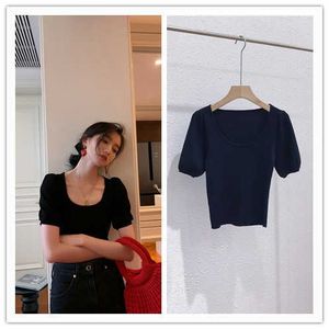 1289 Summer Sisters Style Minimalist Elegance French Bubble Sleeves U-Neck Slim Fit Short Sleeve T-Shirt Top