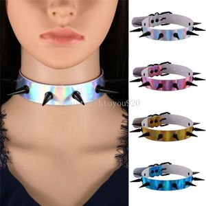 Sexig laser pu läder halsband kvinnor lyser krage halsband nattklubb punk gotiska nitar spikade choker halsband fest smycken