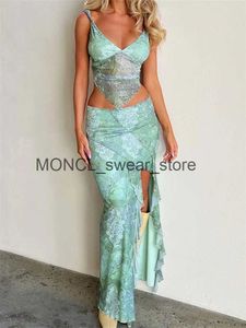 Two Piece Dress Women Sexy 2 Long Skirt Sets Lace V-neck Backless Tops High Split Skirts Summer Outfits Y2K Clubwear 2023 H240530