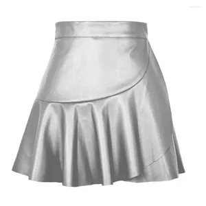 Kjolar kvinnor kjol med hög midja blixtlås mini culottes sexig ruffle hem för fast färg konstgjord läderfest nattkläder faux