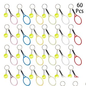 Keychains Lanyards 60st Mini Tennis Racket Keychain Key Ring Fashionable Alloy Ball Split för Sport Lovers Team Drop Delivery Fash DHGKK