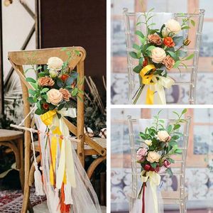 Decorative Flowers Chair Artificial Plants White Rose Bouanquet Knot Cover For Banquet Festival Party Wedding Events Decoration Supplies