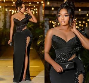 Elegant Satin Beaded Evening Dress with Thigh Split, Sheer Neck and Long Train for Formal Occasions in Black